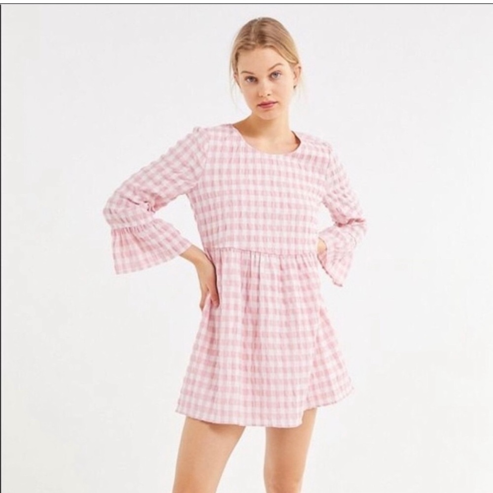 Urban Outfitters Gingham Baby Doll Mini Dress Pink Ruffles Coastal Cowgirl Sz XS